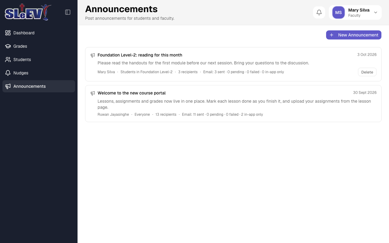 The Announcements page: two announcement cards each with author, audience, recipient count and an Email delivery summary