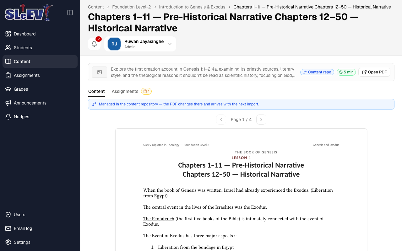A lesson's page: thumbnail, description, duration and Open PDF in the header, and the PDF open on the Content tab