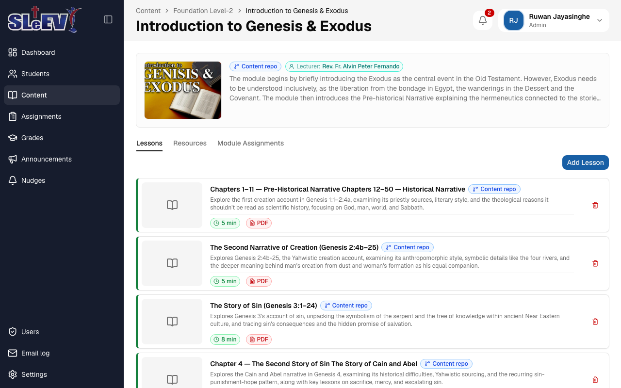 A module's page: its image, lecturer and description, and the Lessons tab listing lessons with duration and a PDF indicator