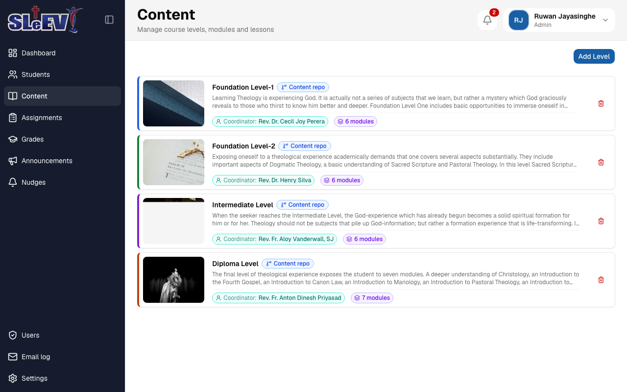 The Content page: four level cards, each with a Content repo badge, coordinator, module count and a delete icon