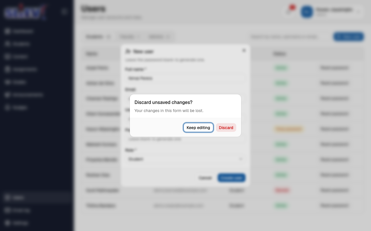 The "Discard unsaved changes?" prompt over a New user dialog, with Keep editing and Discard buttons
