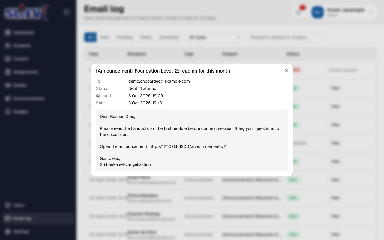 The email view dialog: To, Status, Queued and Sent times, and the plain-text body of a sent announcement email