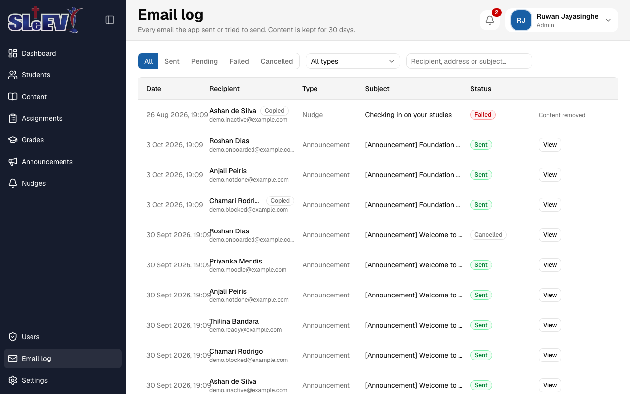 The Email log page: filter tabs, a Type select, search box, and a table of emails with Date, Recipient, Type, Subject and Status