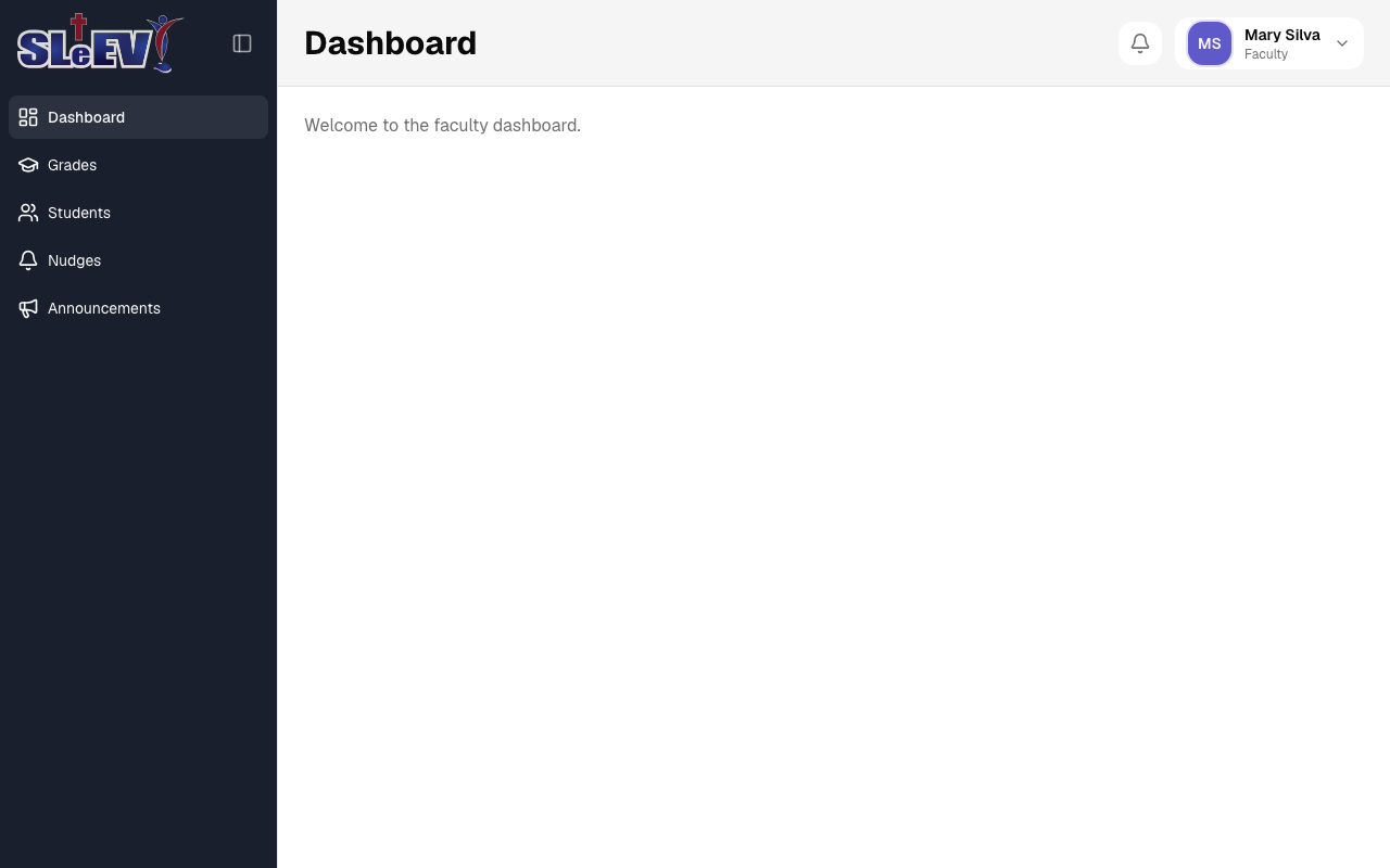 The faculty dashboard: just a welcome message under the page header, with the faculty sidebar