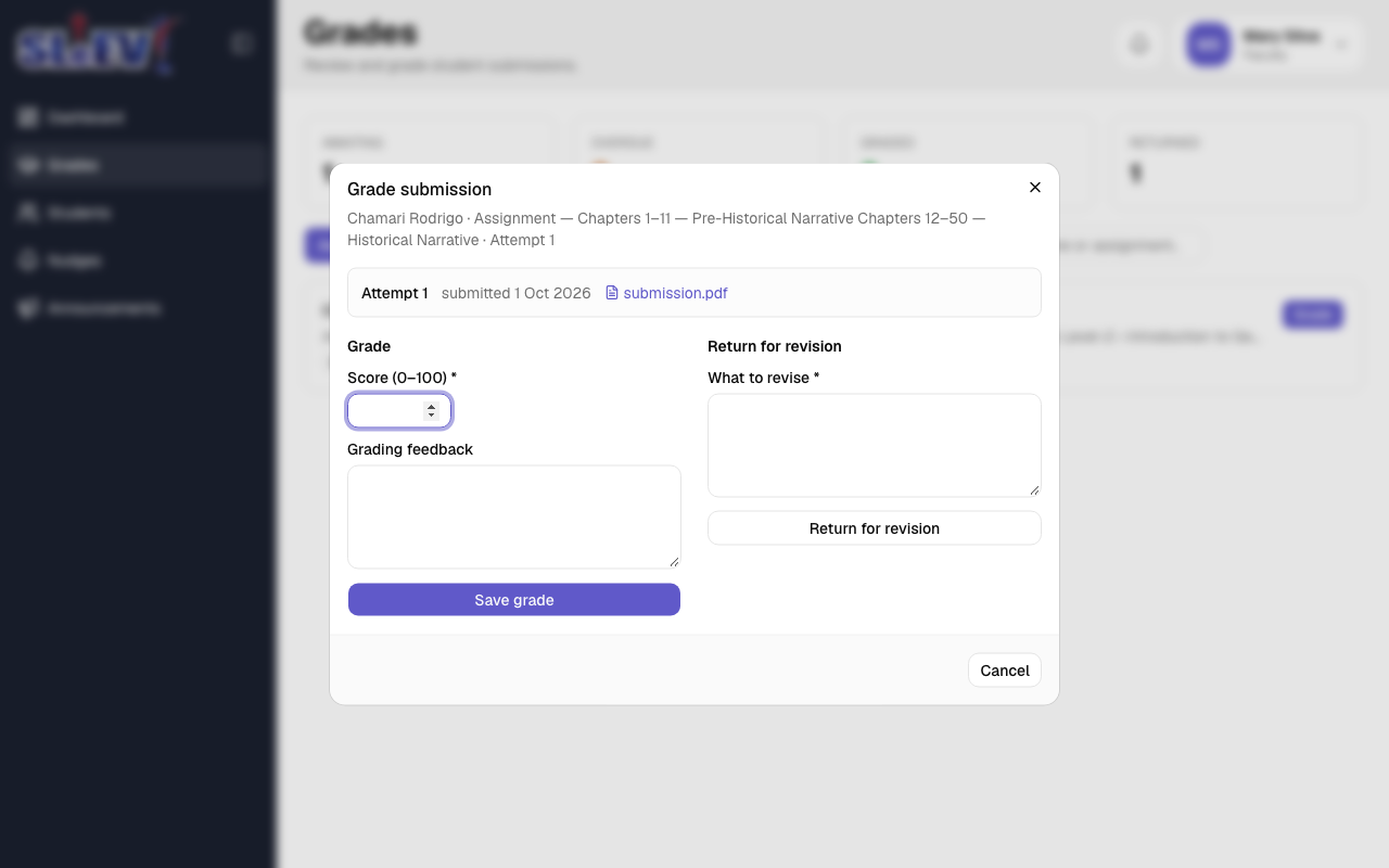 The Grade submission dialog: attempt history, a Grade panel with Score and Grading feedback, and a Return for revision panel with What to revise