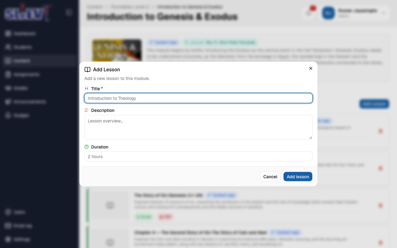 The Add Lesson dialog: Title, Description and Duration fields