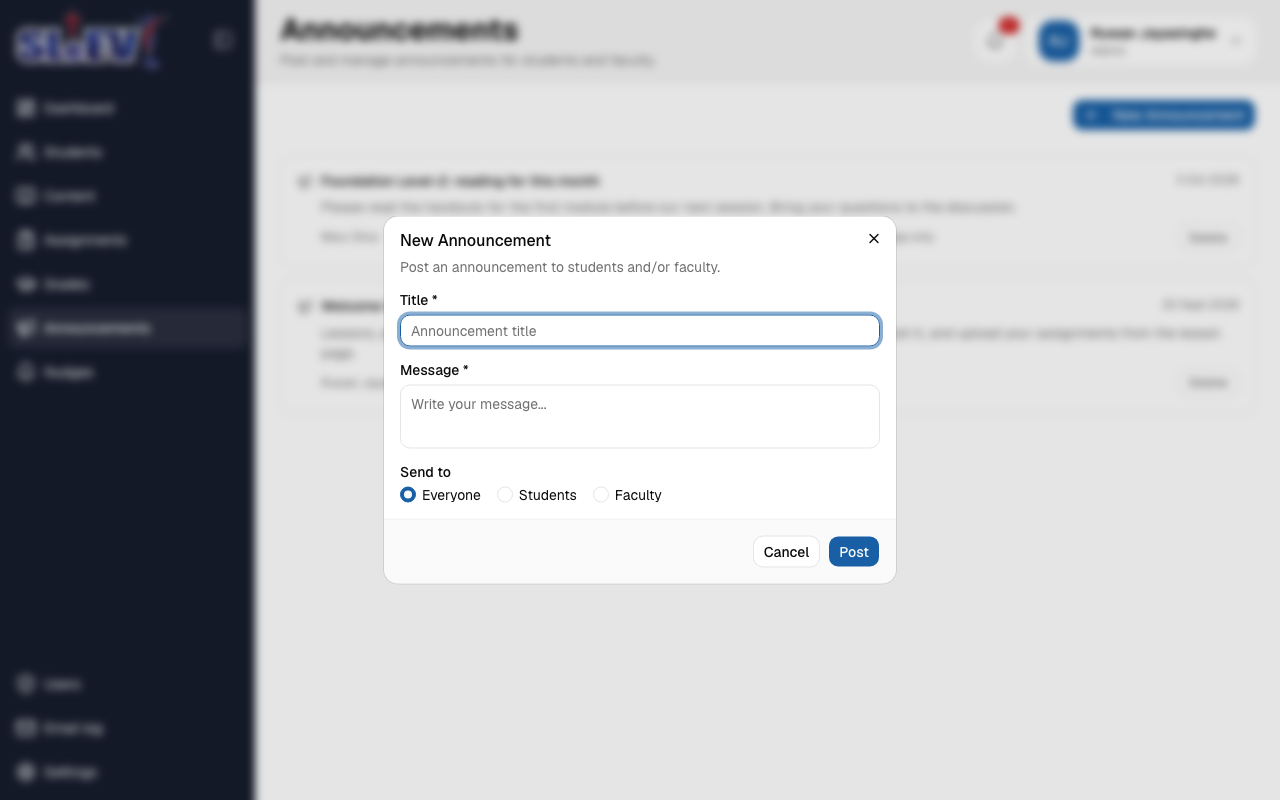 The New Announcement dialog: Title, Message and a Send to choice of Everyone / Students / Faculty