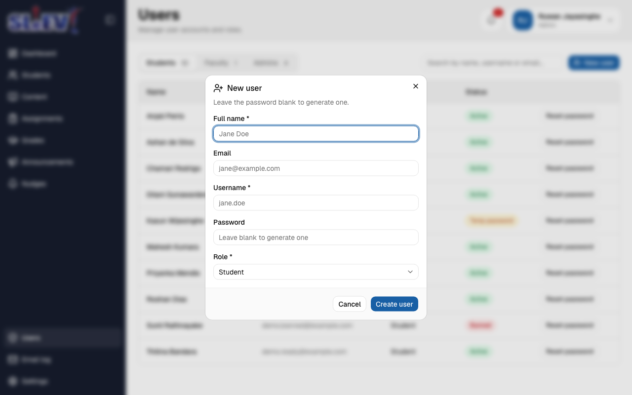The New user dialog: Full name, Email, Username, Password (leave blank to generate one) and Role fields