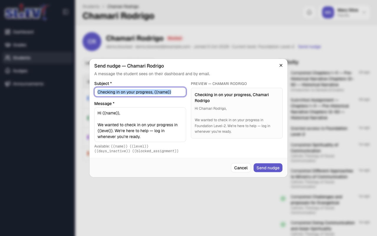 The Send nudge dialog: Subject and Message fields with merge tokens listed below, and a preview panel resolved for one student