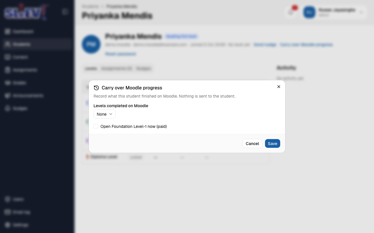 The Carry over Moodle progress dialog: a Levels completed select and a checkbox to open the next level now (paid)