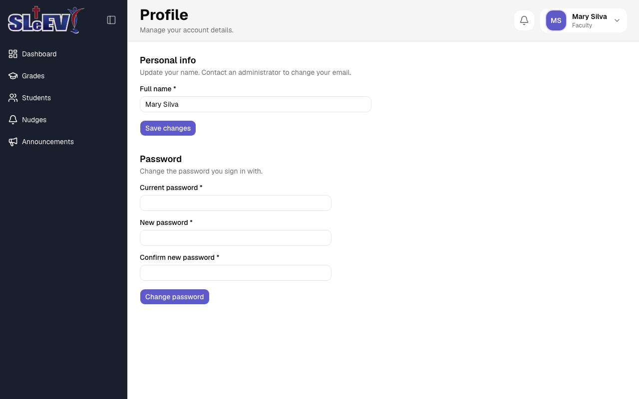 The Profile page: Personal info with a Full name field, and a Password section with Current, New and Confirm password fields