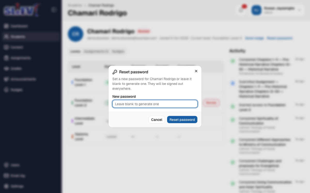 The Reset password dialog: a New password field with "Leave blank to generate one", a note that they'll be signed out everywhere