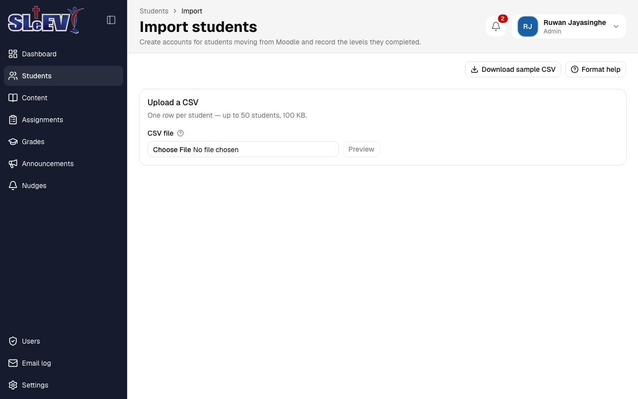The Import students page: a CSV file picker with Preview, Download sample CSV and Format help buttons