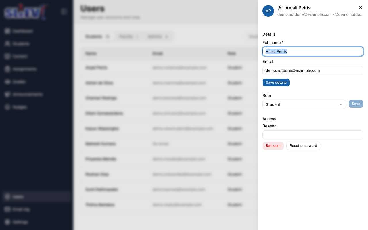 The user sheet: header "Anjali Peiris — demo.notdone@example.com · @demo.notdone", Details (Full name, Email, Save details), Role, and Access (Reason, Ban user, Reset password)