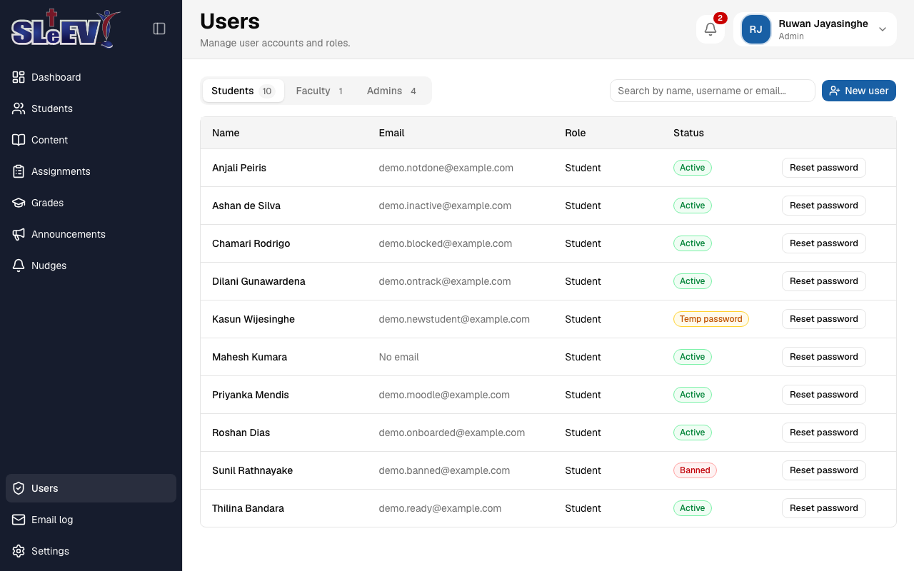 The Users page: role tabs with counts, a search box, New user button, and a table of students with their role and status