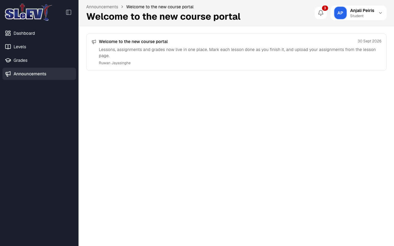 A single announcement open on its own page, showing the full message, author and date
