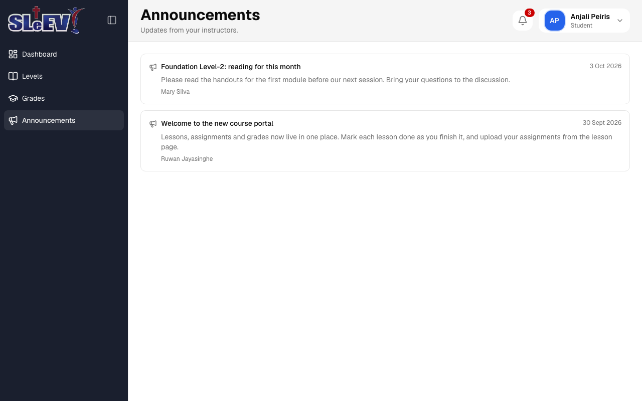 The Announcements page: two announcement cards, each with a title, message, author and date