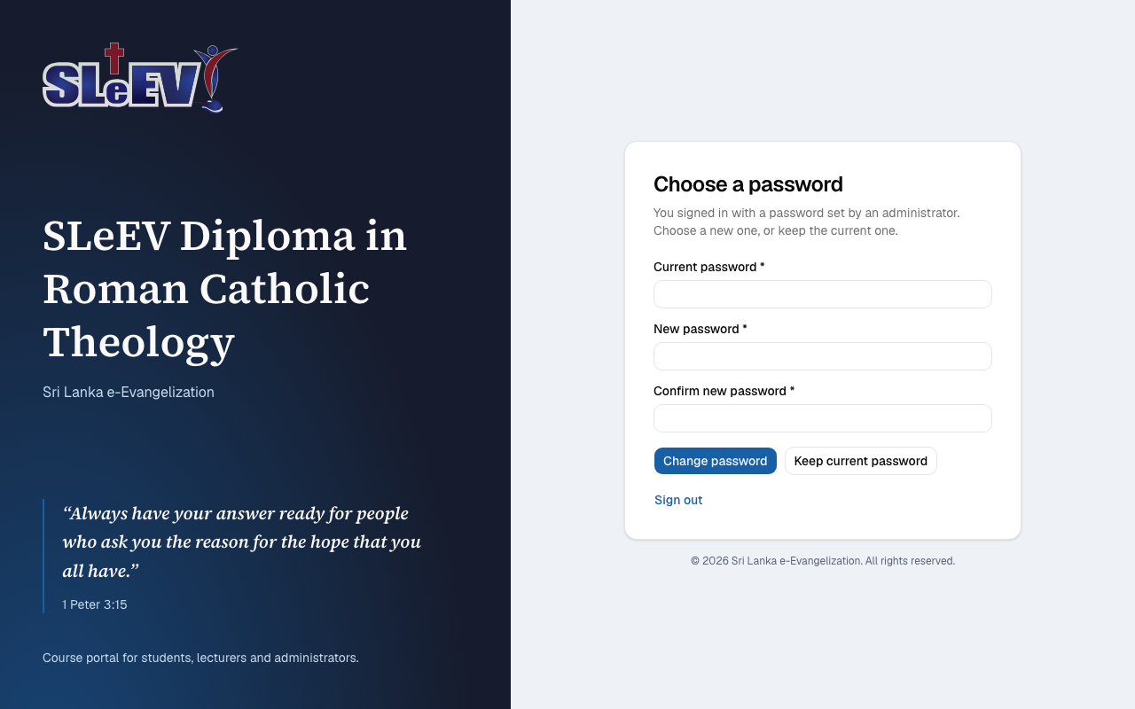 The Choose a password page, with Current password, New password and Confirm new password fields, a Change password button and a Keep current password button