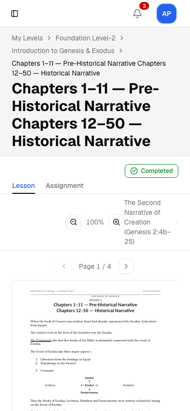 The same lesson on a phone: the PDF with page controls, stacked below the breadcrumbs and a Completed button