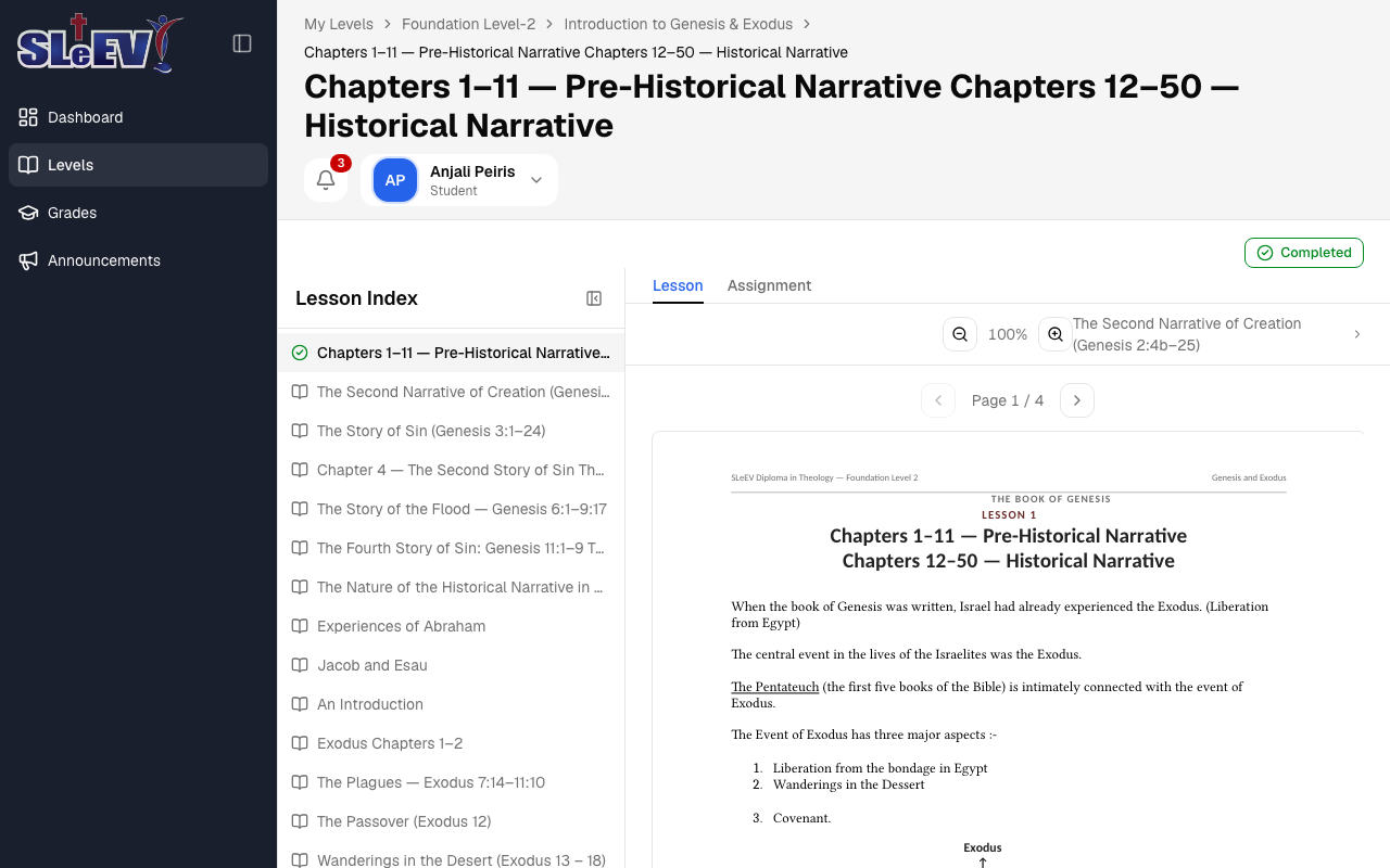A lesson page: the PDF open on page 1 of 4, with Previous page and Next page buttons, a zoom control, and a lesson index down the left
