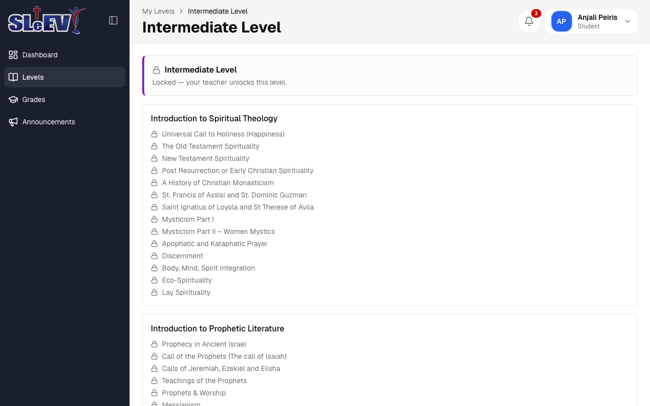 A locked level page: the level banner reading "Locked — your teacher unlocks this level", with module names and lesson titles but no other detail