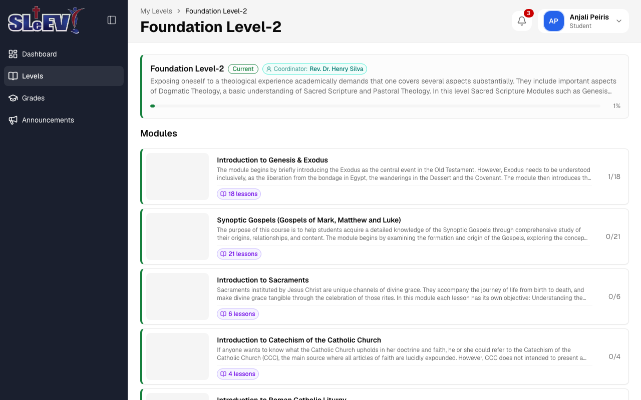 The Foundation Level-2 page: the level card with its coordinator and progress, and a list of modules each showing a lesson count