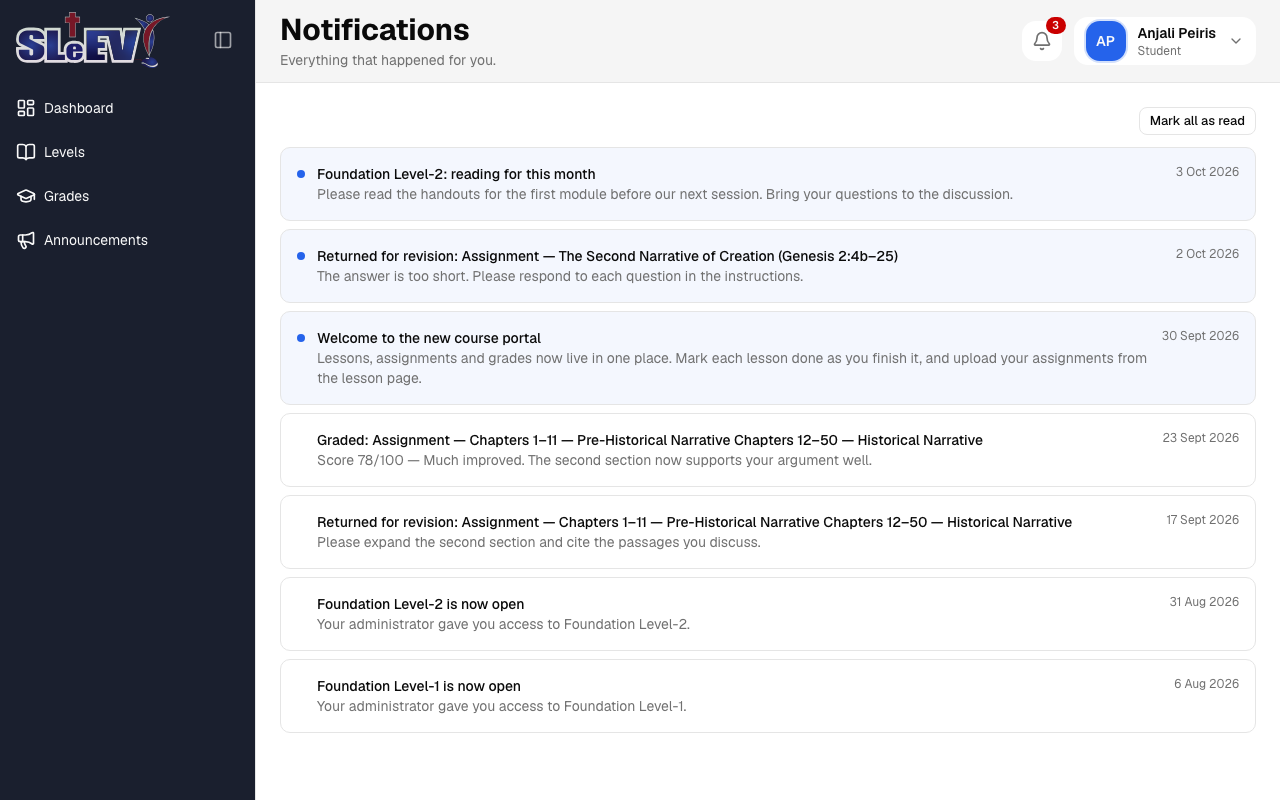 The Notifications page: every notification, newest first, unread ones highlighted, with a Mark all as read button
