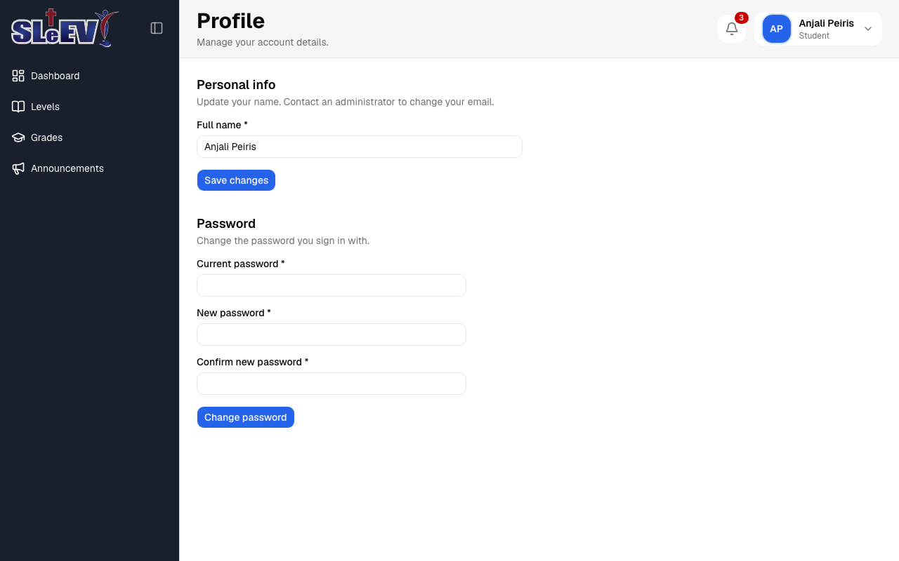 The Profile page: a Personal info section with a Full name field and Save changes button, and a Password section with Current, New and Confirm password fields and a Change password button