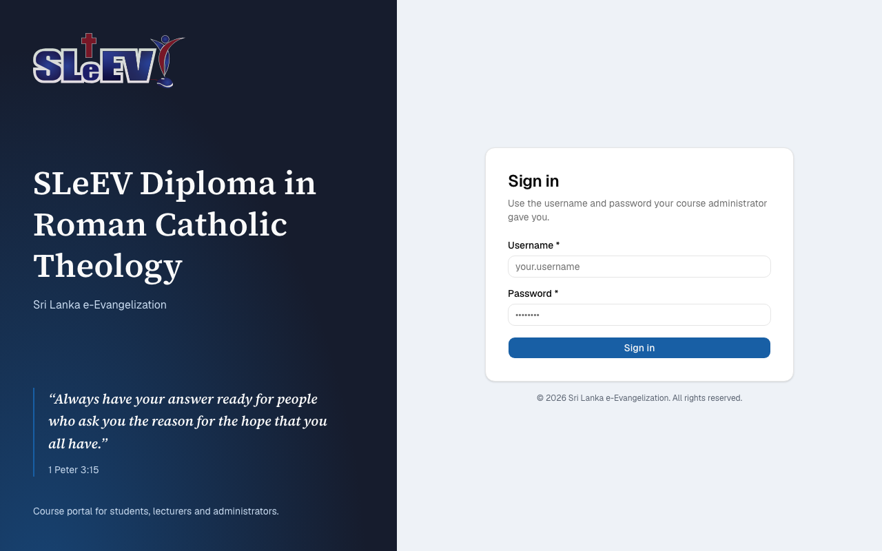 The sign-in page, with the SLeEV programme name and a Username and Password form